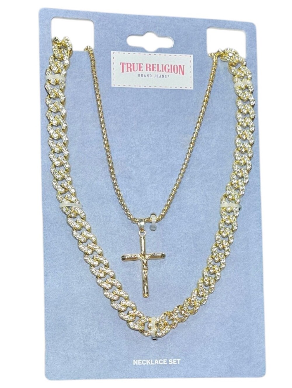 True Religion Brand Jeans Gold Cuban Link CZ Cross Pendant Necklace Set NWT New